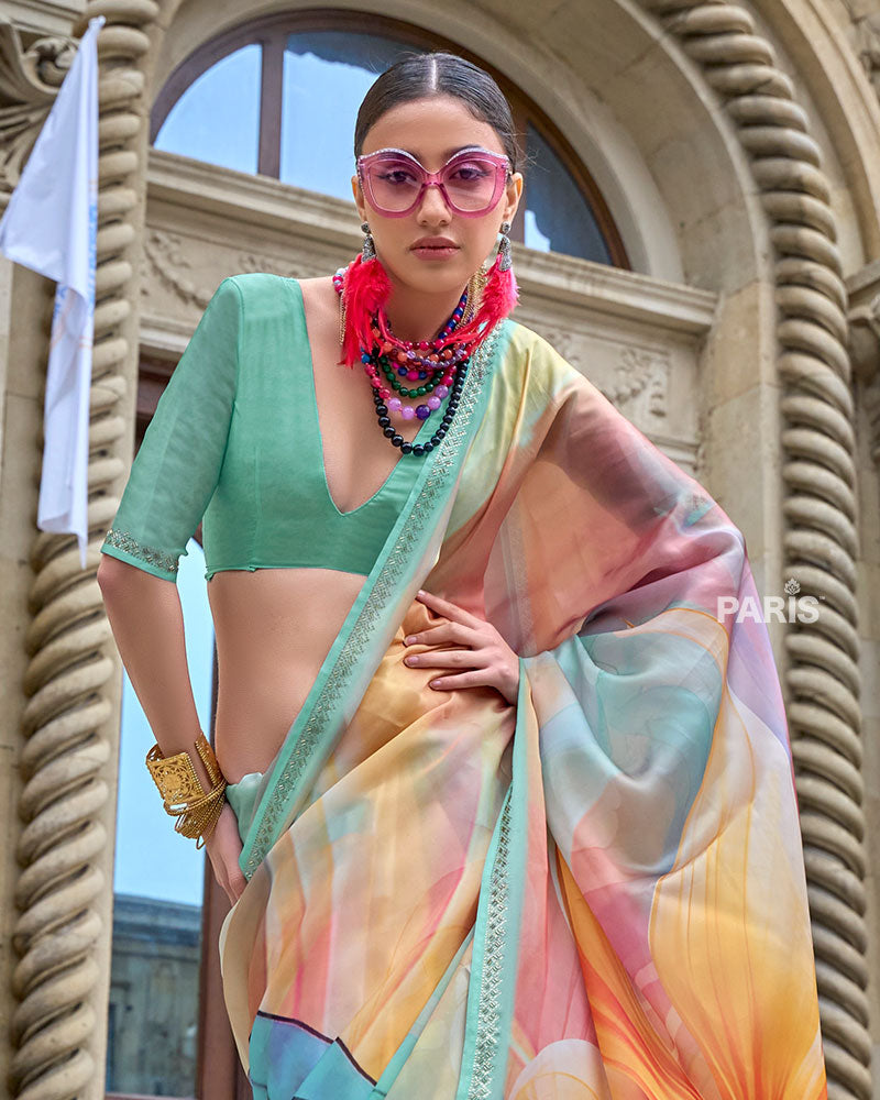 Mint Green Digital Print Saree – Orange Yellow Floral, Trendy Silk