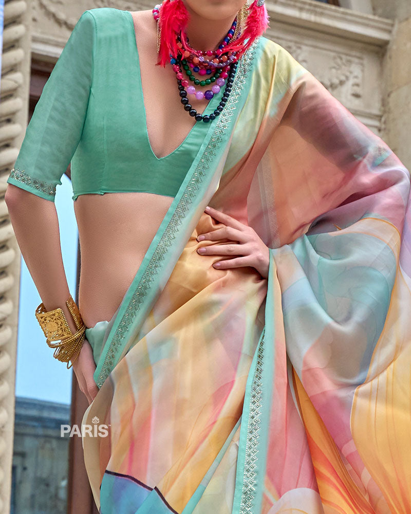 Mint Green Digital Print Saree – Orange Yellow Floral, Trendy Silk