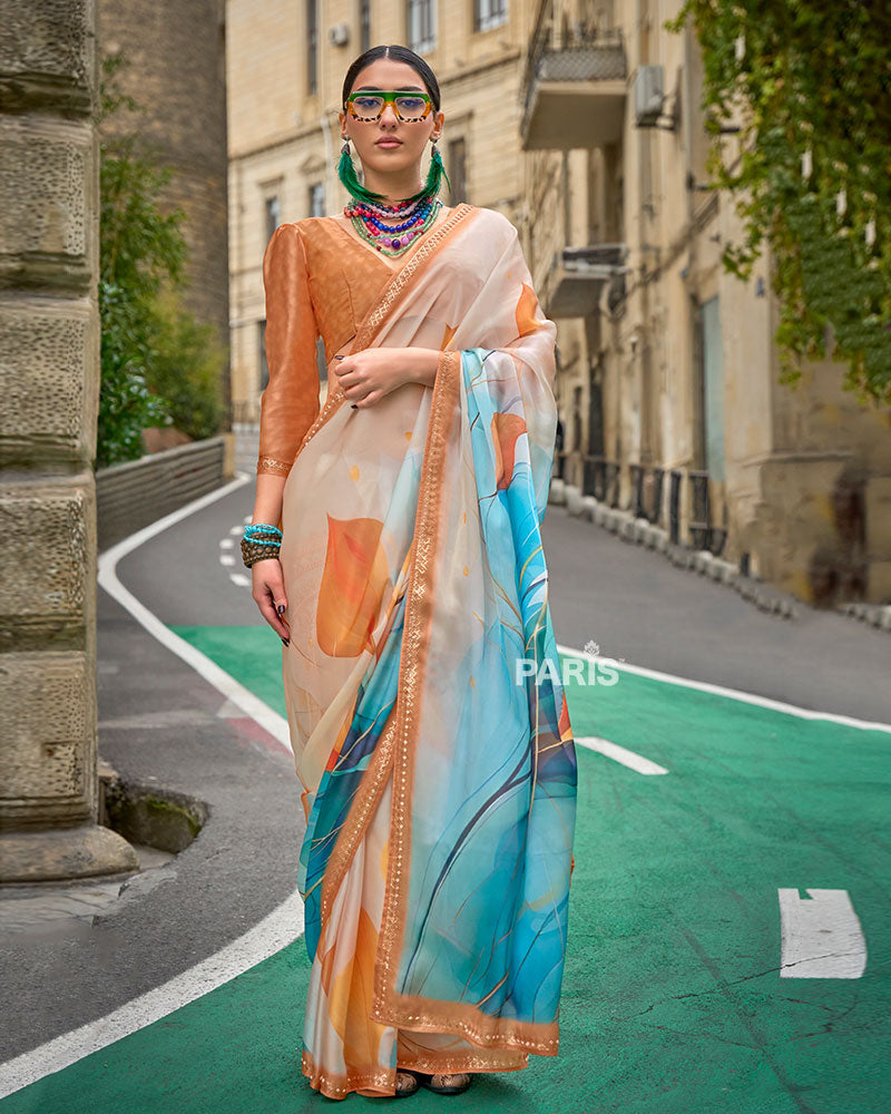 Peach Abstract Print Saree – Gold Embellished Border, Festive Silk