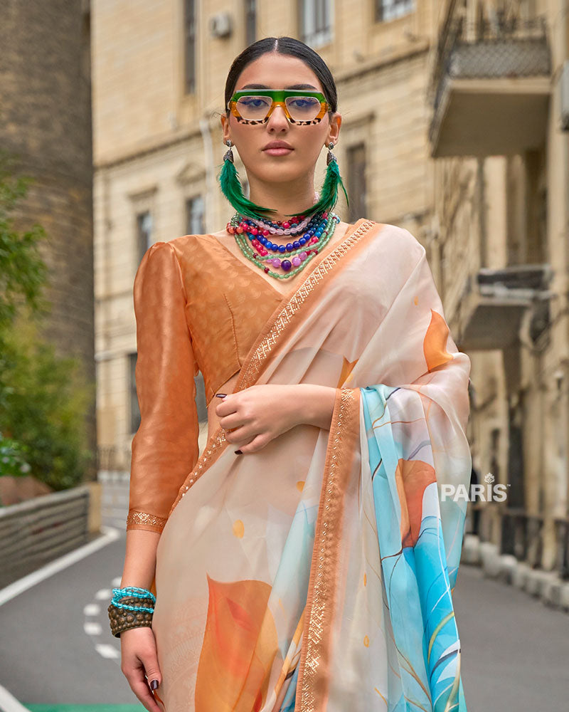 Peach Abstract Print Saree – Gold Embellished Border, Festive Silk