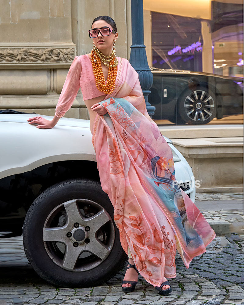 Light Peach Floral Print Saree – Embellished Border, Daytime Chic