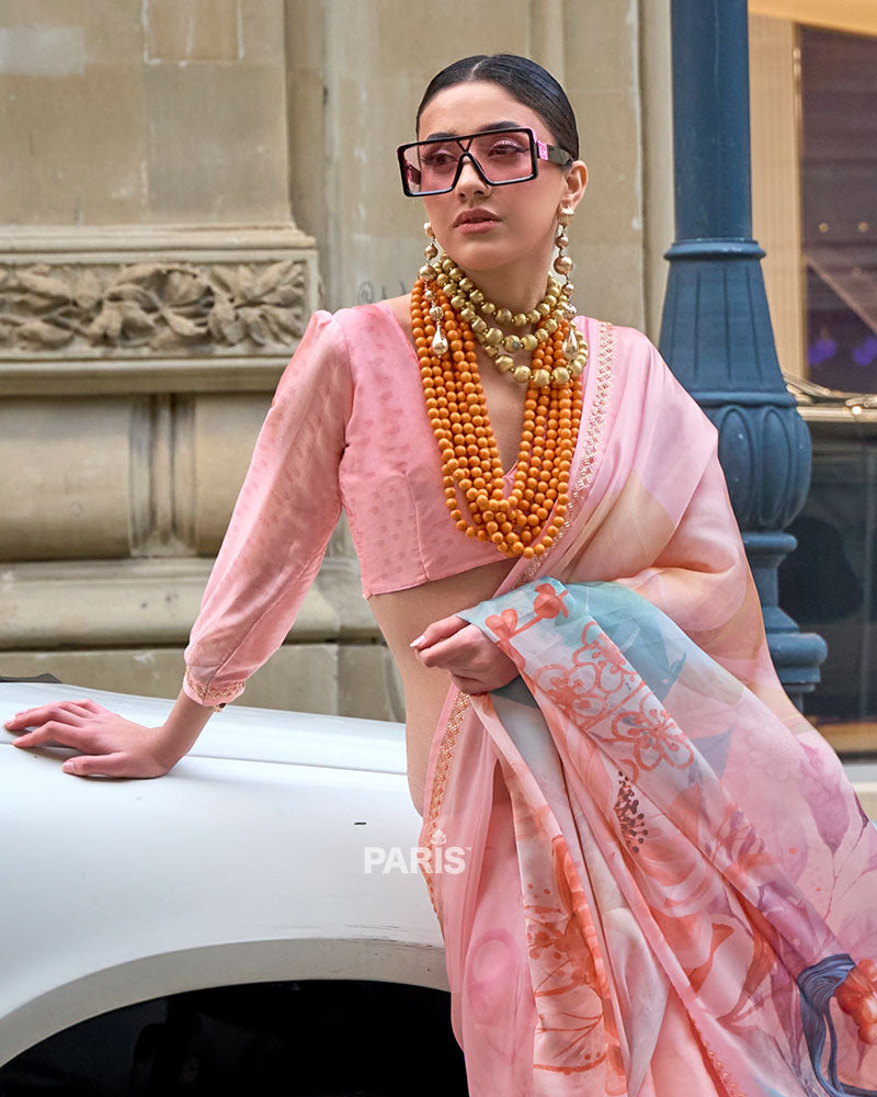 Light Peach Floral Print Saree – Embellished Border, Daytime Chic