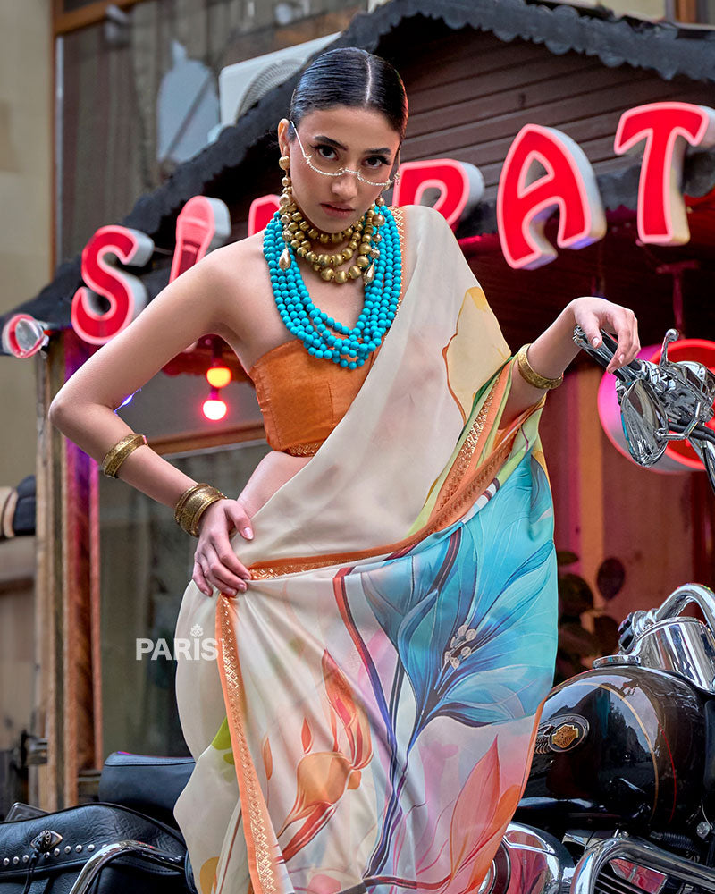 Multicolor Abstract Floral Saree – Cream Beige, Modern Silk Trend