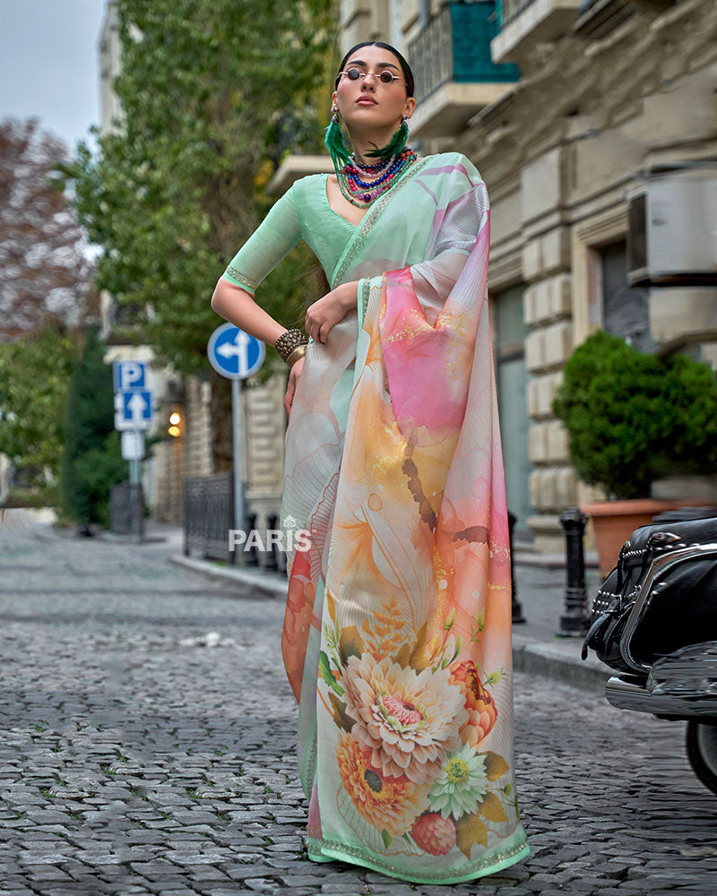 Light Mint Green Floral Print Saree – Trendy Daytime Silk Saree