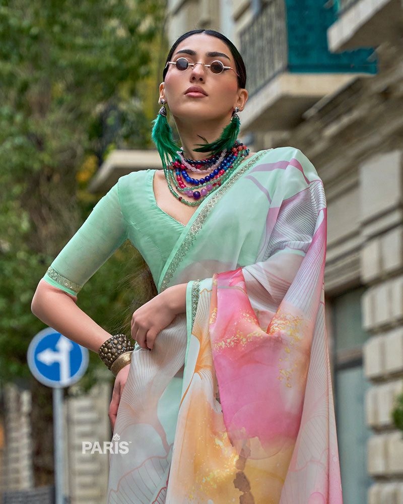 Light Mint Green Floral Print Saree – Trendy Daytime Silk Saree