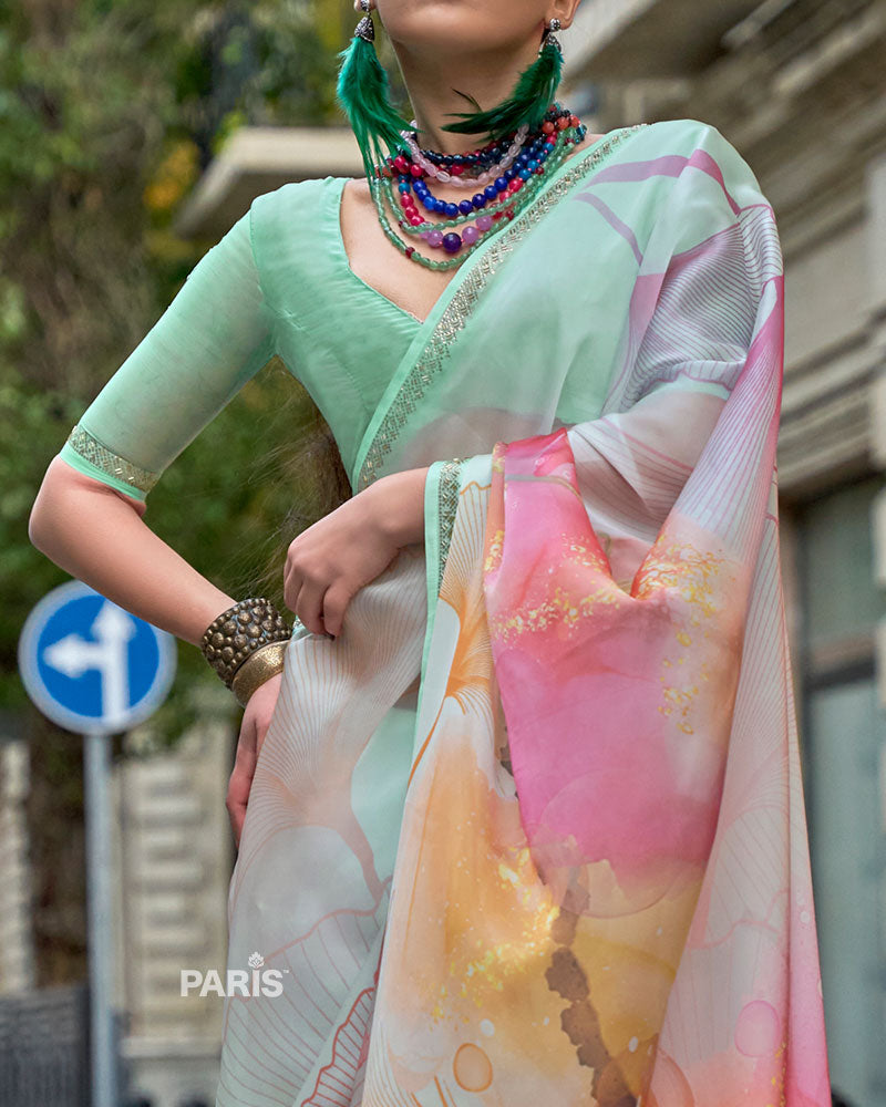 Light Mint Green Floral Print Saree – Trendy Daytime Silk Saree