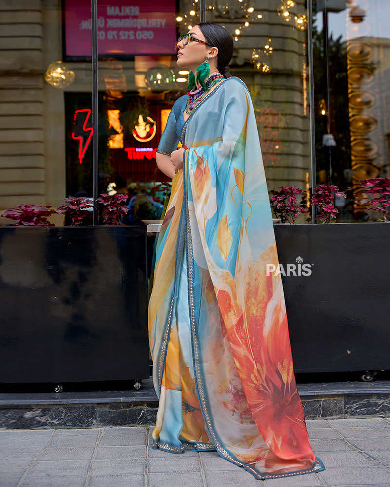 Light Teal & Peach Floral Print Saree – Silver Embellished Border
