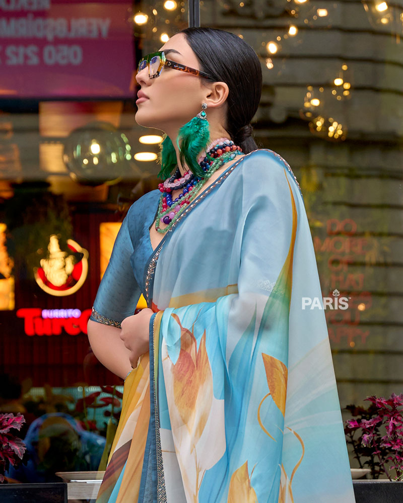 Light Teal & Peach Floral Print Saree – Silver Embellished Border