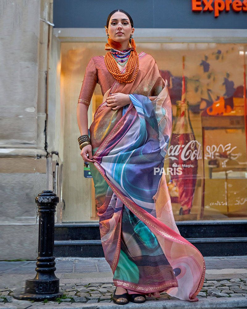 Multicolor Marbled Print Saree – Gold-Peach Border, Trendy Silk