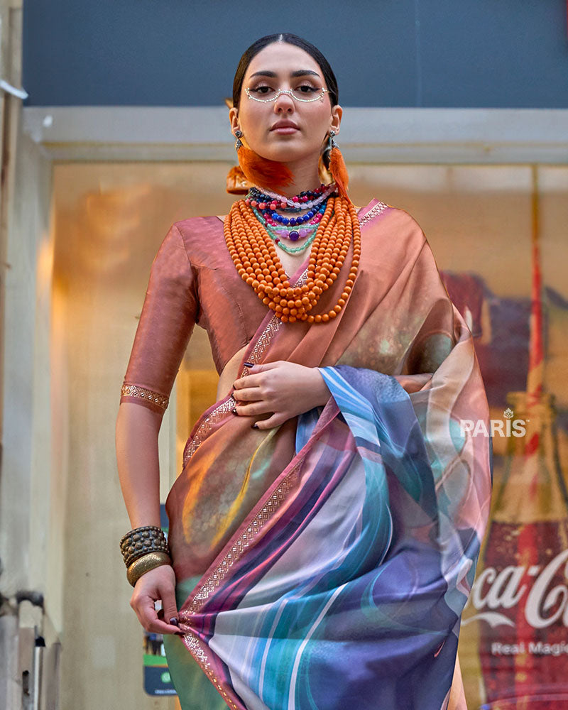 Multicolor Marbled Print Saree – Gold-Peach Border, Trendy Silk