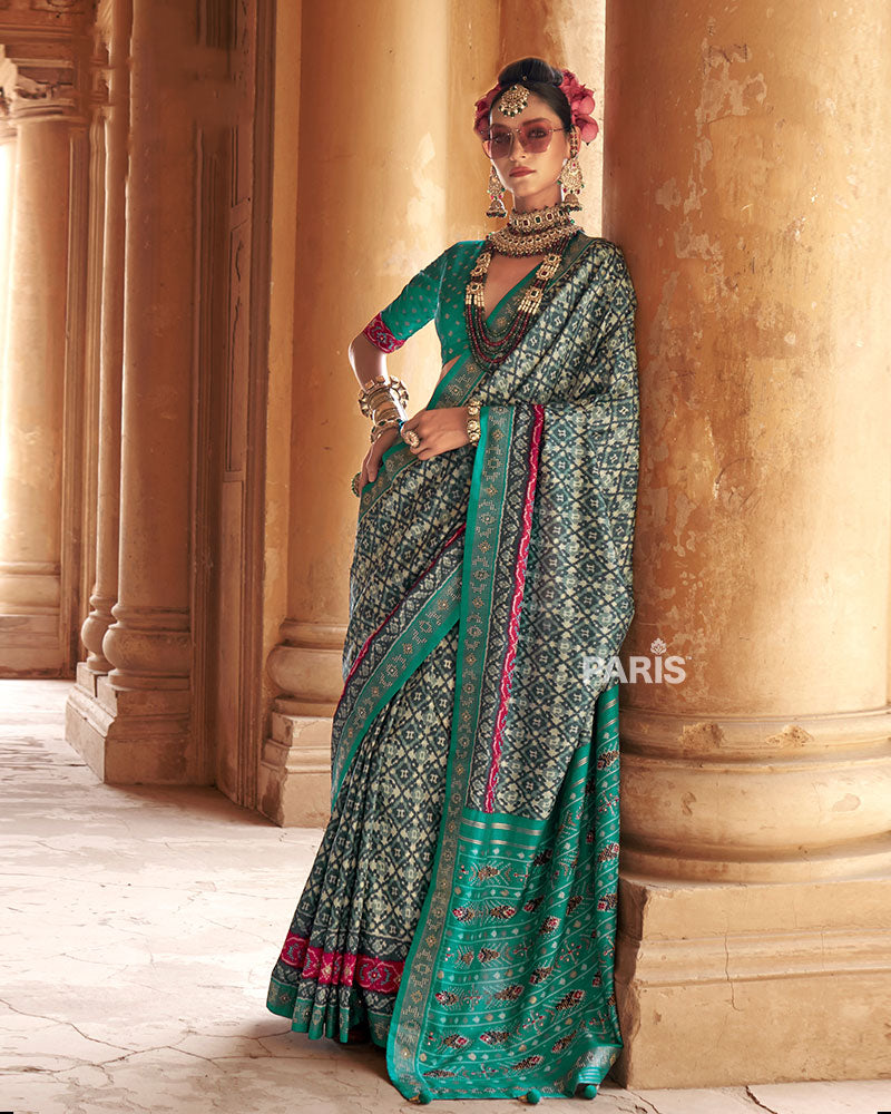 Teal Green Patola Silk Saree – Gold Zari Border, Ethnic Trend