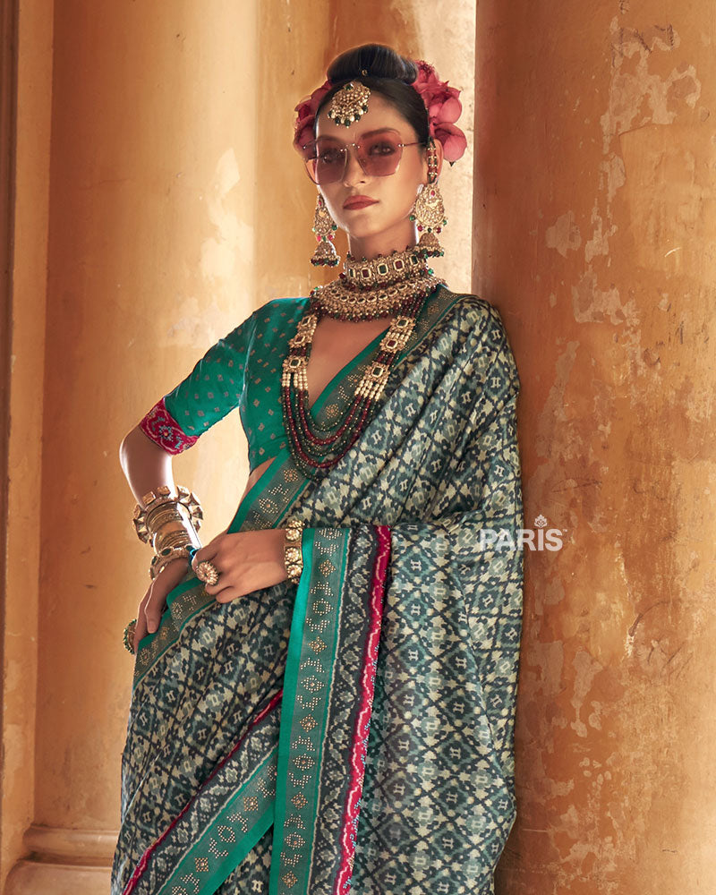 Teal Green Patola Silk Saree – Gold Zari Border, Ethnic Trend