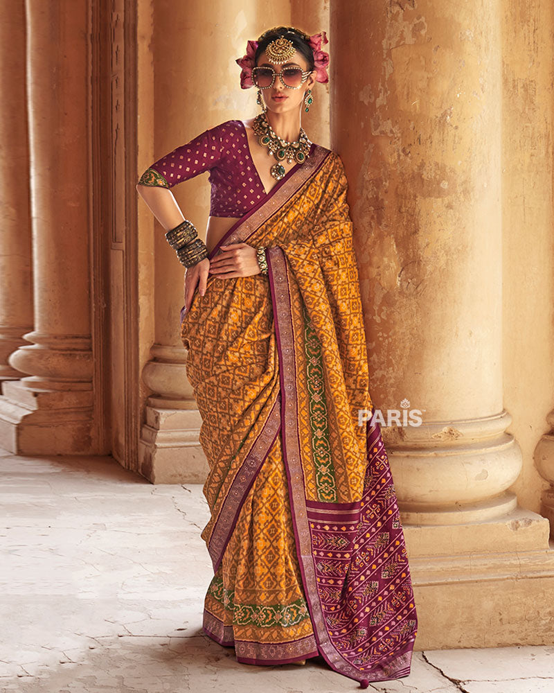 Yellow Patola Silk Saree – Purple Zari Border, Trendy Festive Saree