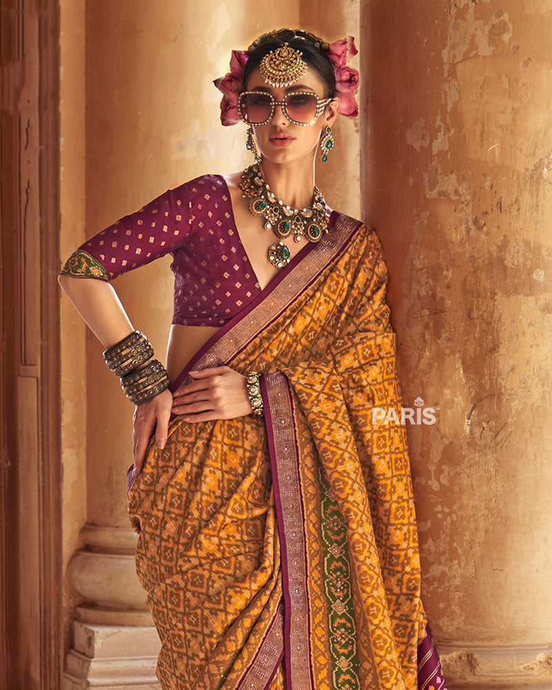 Yellow Patola Silk Saree – Purple Zari Border, Trendy Festive Saree
