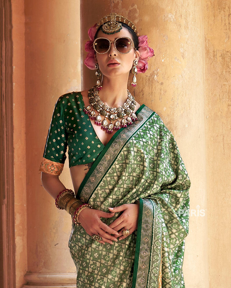 Light Green Patola Silk Saree – Zari Embellished Festive Wear