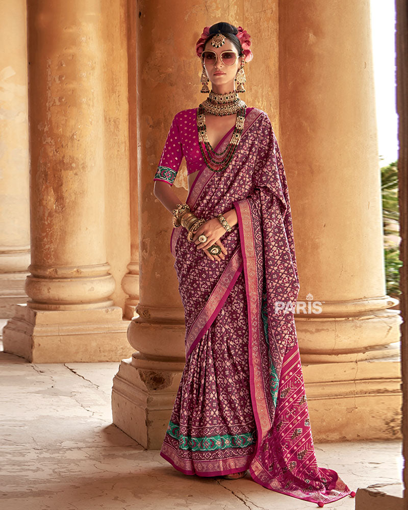 Pink Patola Silk Saree – Golden Embellished Border, Festive Wear
