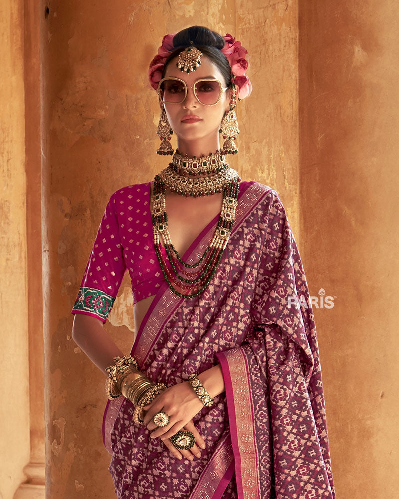Pink Patola Silk Saree – Golden Embellished Border, Festive Wear