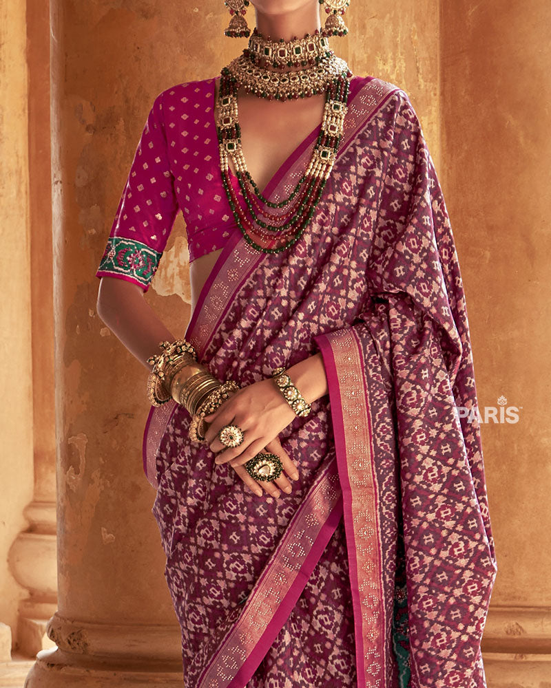 Pink Patola Silk Saree – Golden Embellished Border, Festive Wear