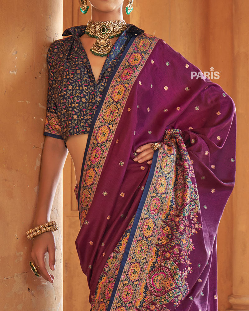 Pink Floral Saree with Olive?Green Floral Border