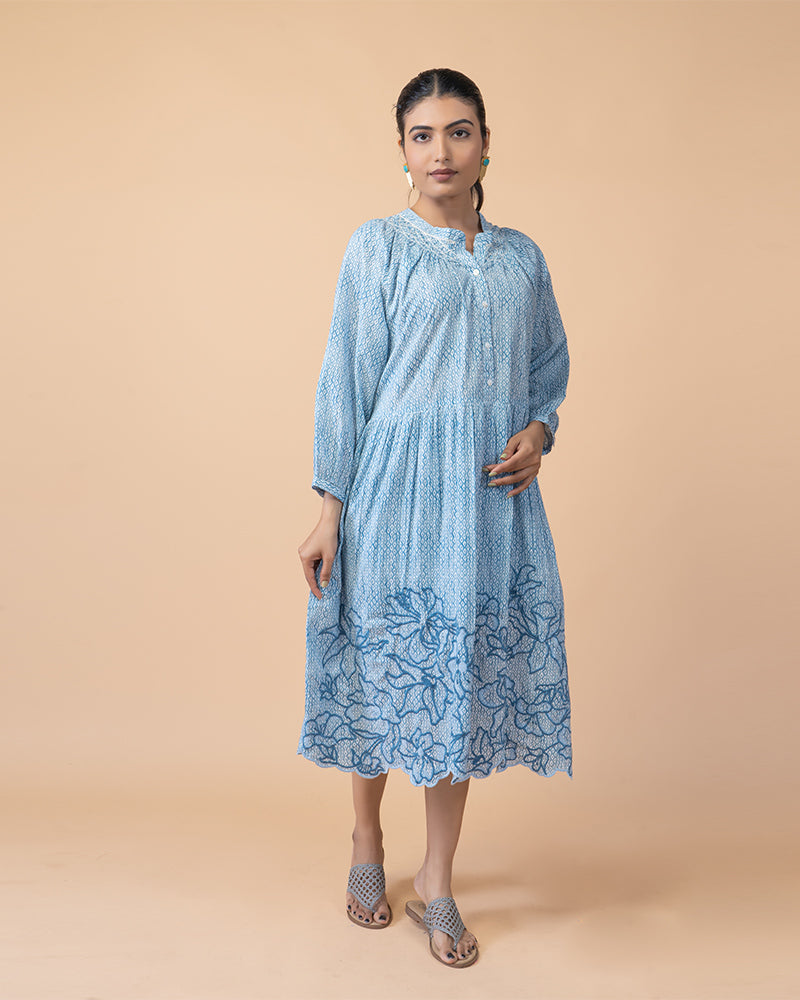 Blue Knee-Length Embroidered Dress with Flared Long Sleeves