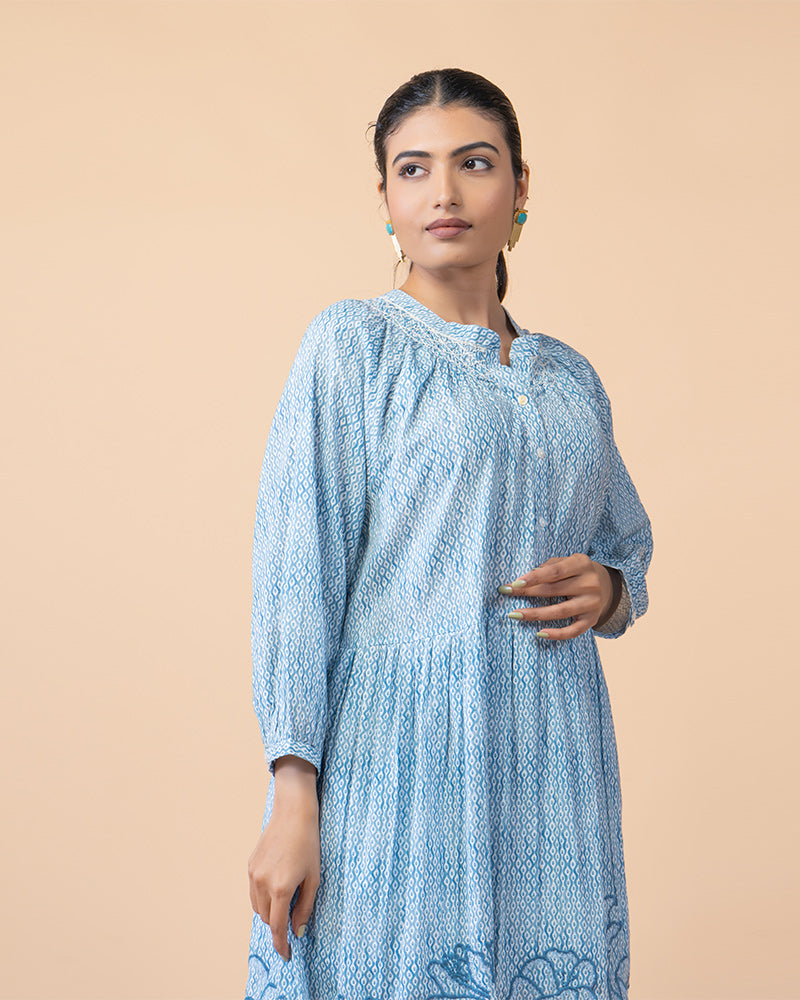 Blue Knee-Length Embroidered Dress with Flared Long Sleeves