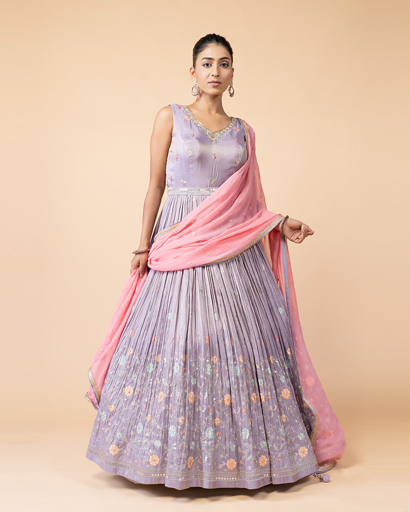 Lavender Floor Length Anarkali Suit with Pink Dupatta