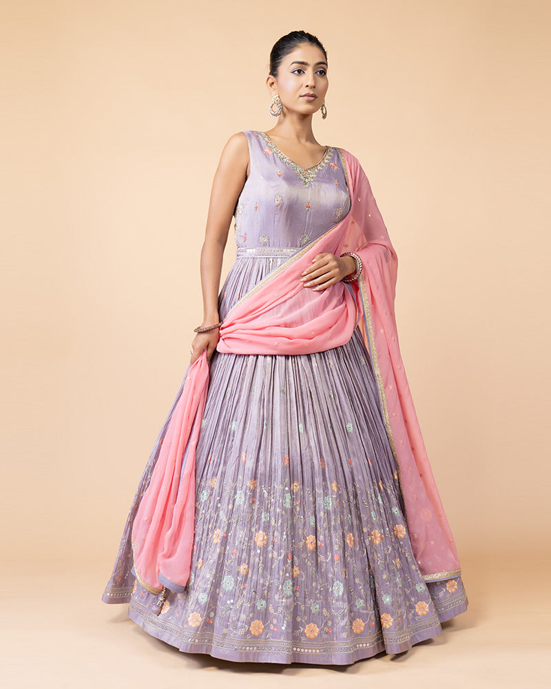 Lavender Floor Length Anarkali Suit with Pink Dupatta