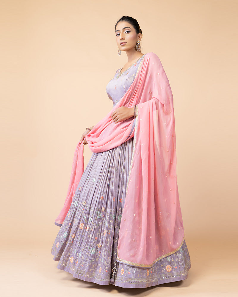 Lavender Floor Length Anarkali Suit with Pink Dupatta