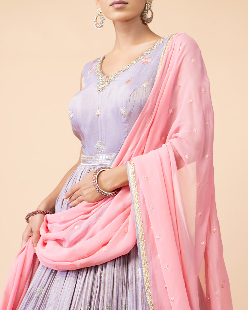 Lavender Floor Length Anarkali Suit with Pink Dupatta