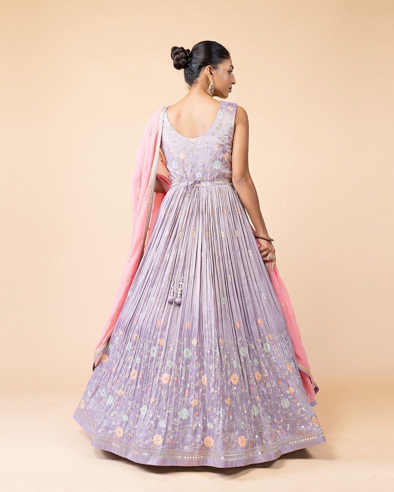 Lavender Floor Length Anarkali Suit with Pink Dupatta