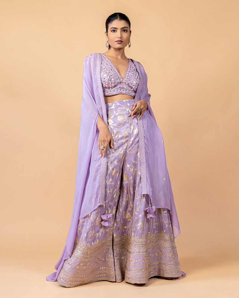 Lavender Palazzo Suit with Crop Top and Jacket Style Dupatta