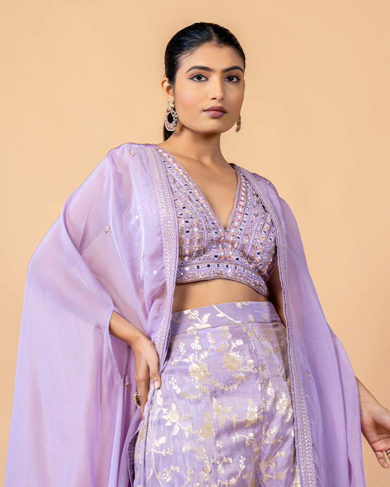 Lavender Palazzo Suit with Crop Top and Jacket Style Dupatta