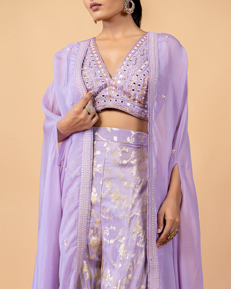 Lavender Palazzo Suit with Crop Top and Jacket Style Dupatta