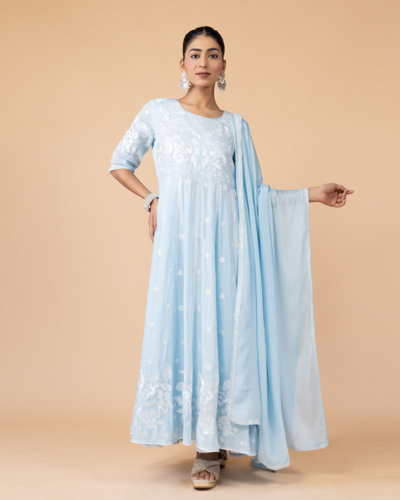 Light Blue Anarkali Suit with Chiffon Dupatta