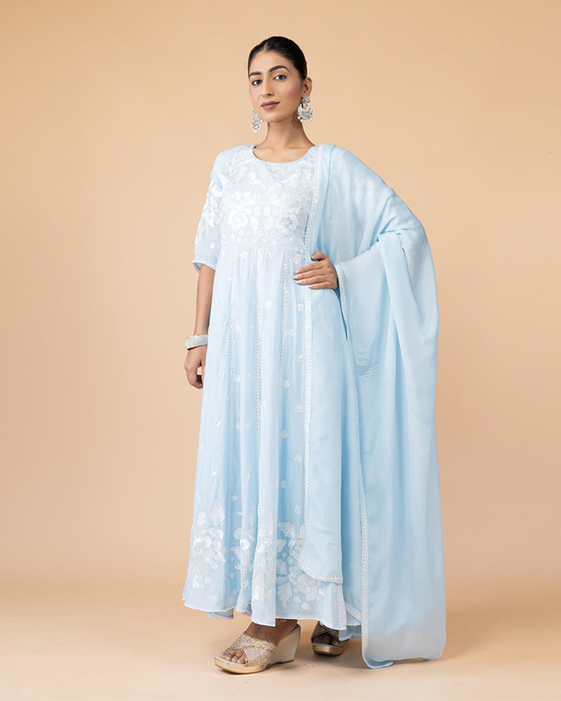 Light Blue Anarkali Suit with Chiffon Dupatta