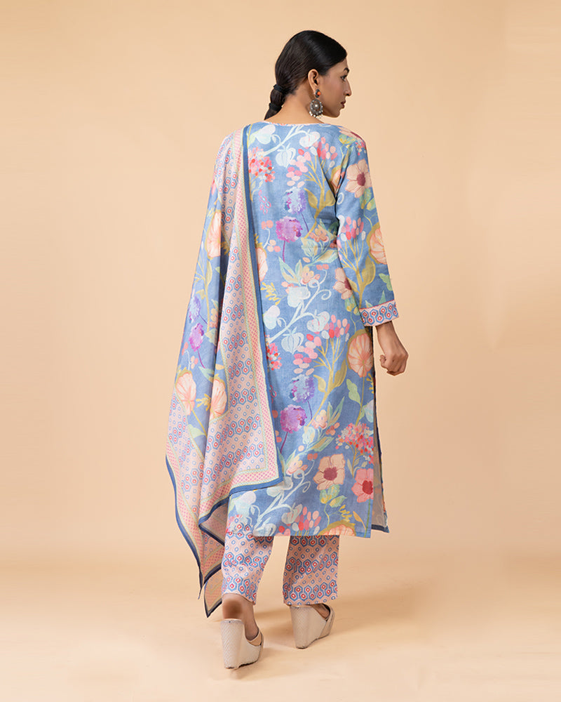 Light Blue Floral Print Salwar Kameez Set with Printed Dupatta