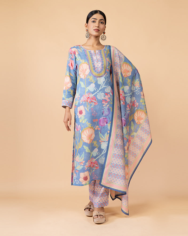 Light Blue Floral Print Salwar Kameez Set with Printed Dupatta