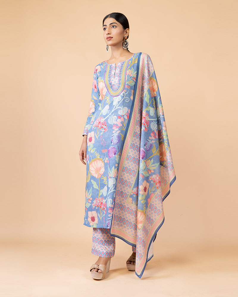 Light Blue Floral Print Salwar Kameez Set with Printed Dupatta