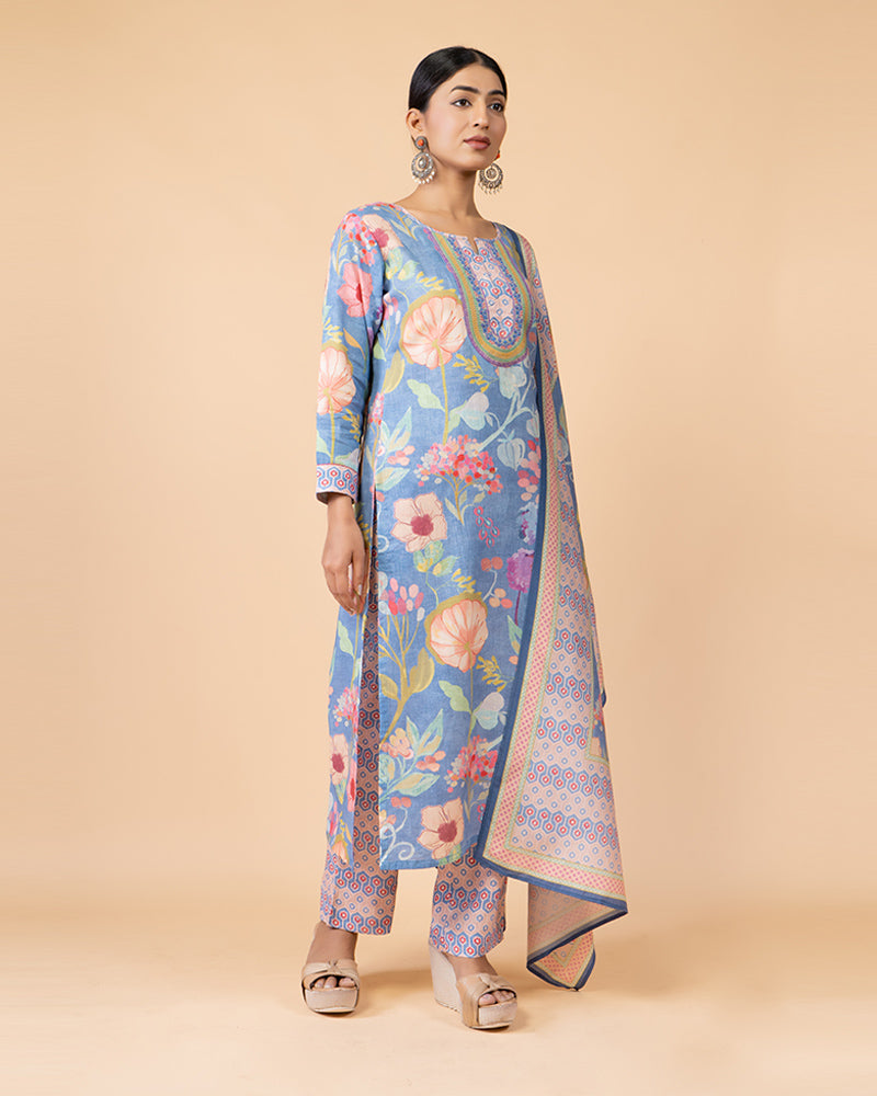 Light Blue Floral Print Salwar Kameez Set with Printed Dupatta