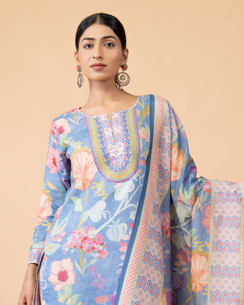 Light Blue Floral Print Salwar Kameez Set with Printed Dupatta