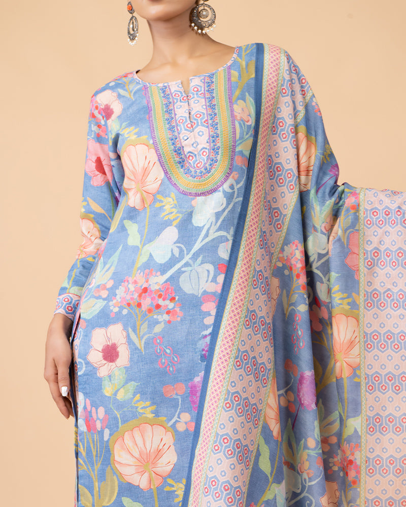 Light Blue Floral Print Salwar Kameez Set with Printed Dupatta