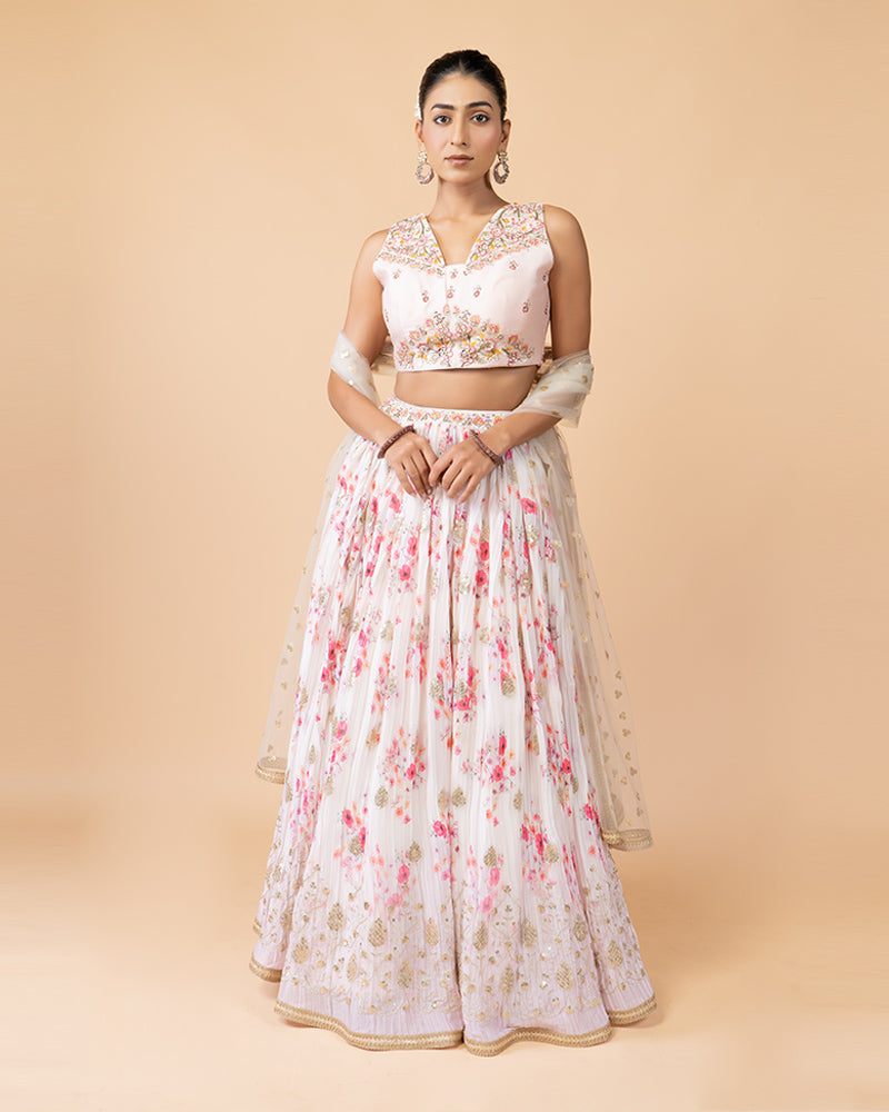 Light Pink Floral Print Lehenga Choli with Dupatta