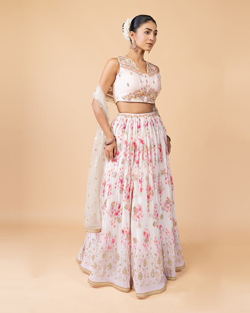 Light Pink Floral Print Lehenga Choli with Dupatta