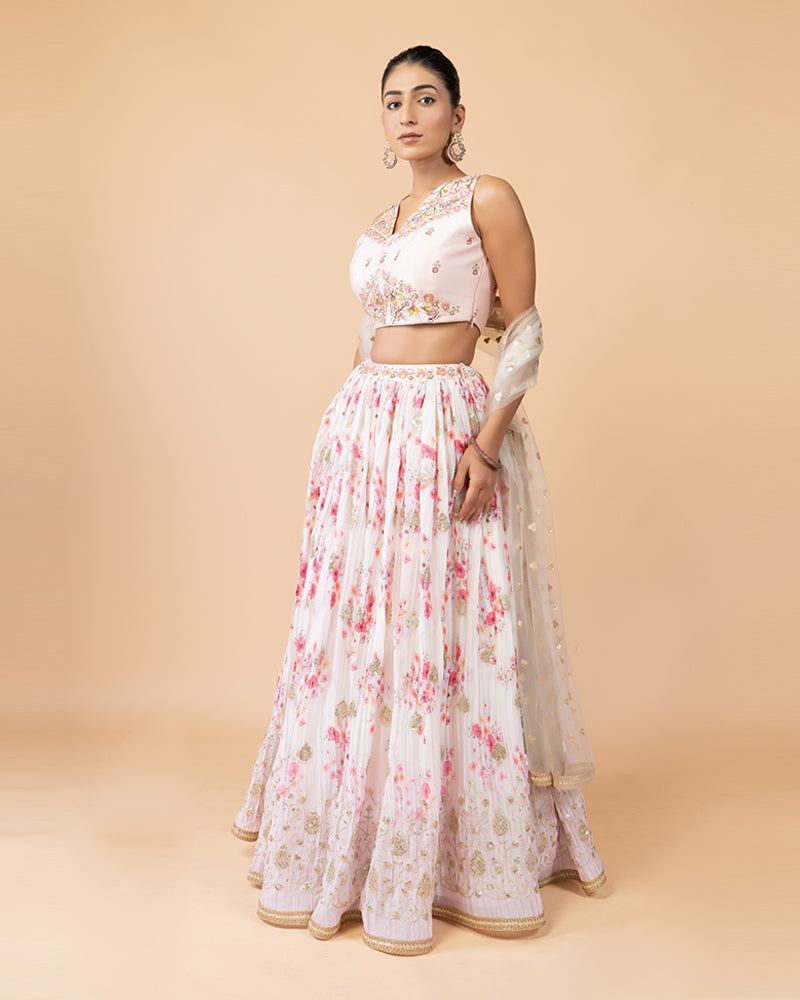 Light Pink Floral Print Lehenga Choli with Dupatta