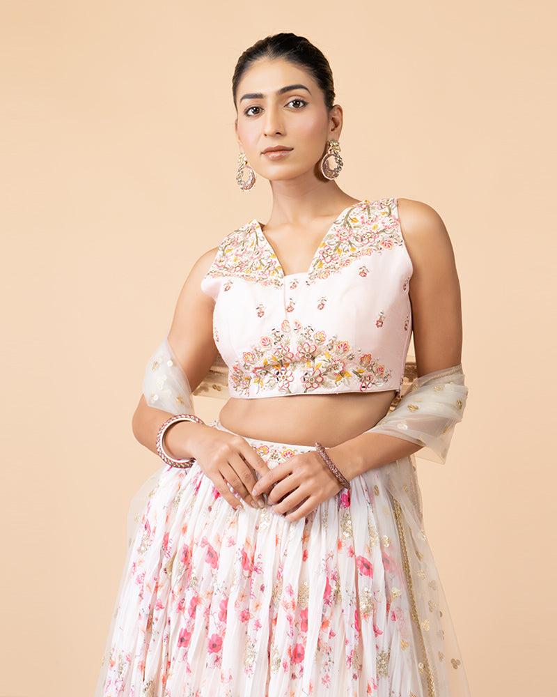 Light Pink Floral Print Lehenga Choli with Dupatta