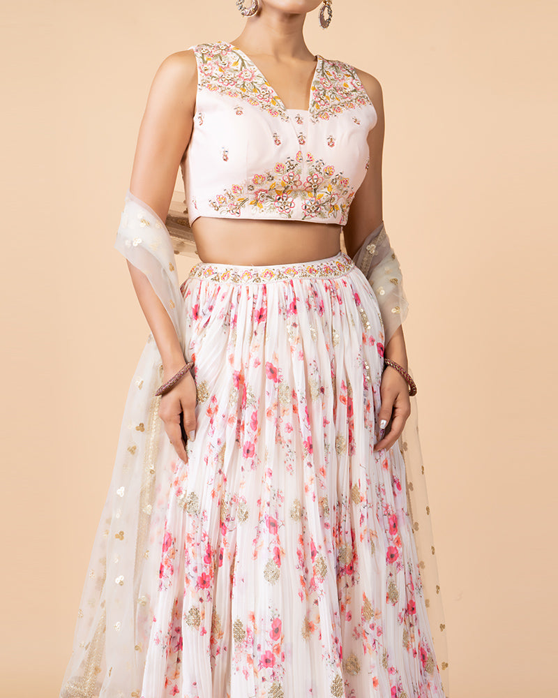 Light Pink Floral Print Lehenga Choli with Dupatta