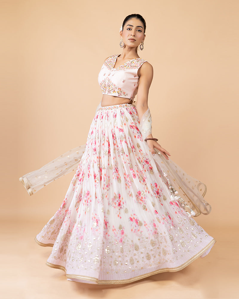 Light Pink Floral Print Lehenga Choli with Dupatta