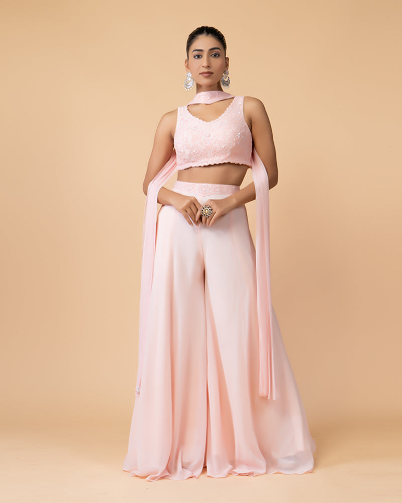 Light Pink Palazzo Set with Embellished Crop Top and Neck-Detail Dupatta