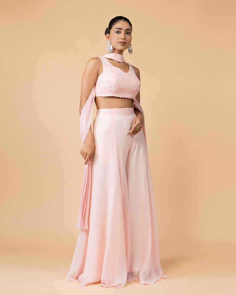 Light Pink Palazzo Set with Embellished Crop Top and Neck-Detail Dupatta