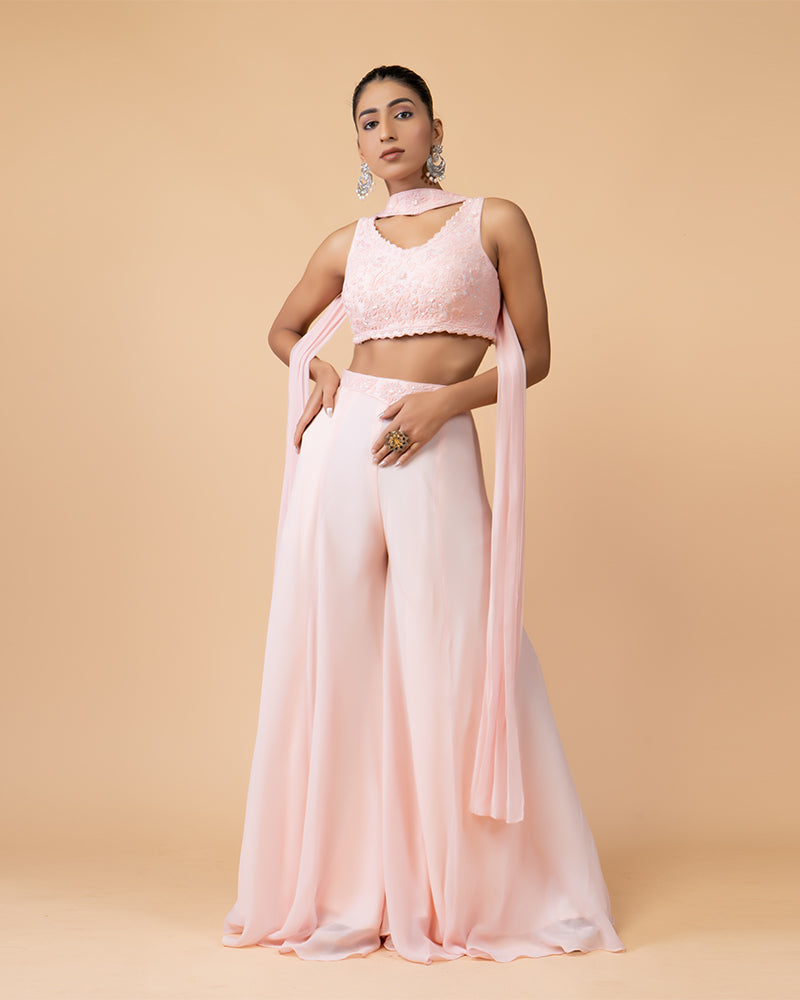 Light Pink Palazzo Set with Embellished Crop Top and Neck-Detail Dupatta